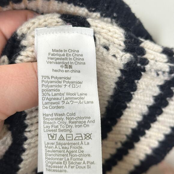 J. CREW Cable Knit Mockneck Pullover Stripe Jewel Button Black Cream Sz L {3W15} - Picture 7 of 8